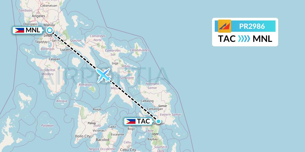 PR2986 Philippine Airlines Flight Map: Tacloban to Manila