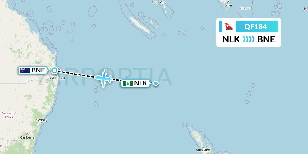 QF184 Qantas Flight Map: Norfolk Island to Brisbane