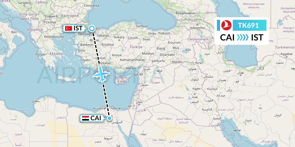 TK691 Turkish Airlines Flight Map: Cairo to Istanbul