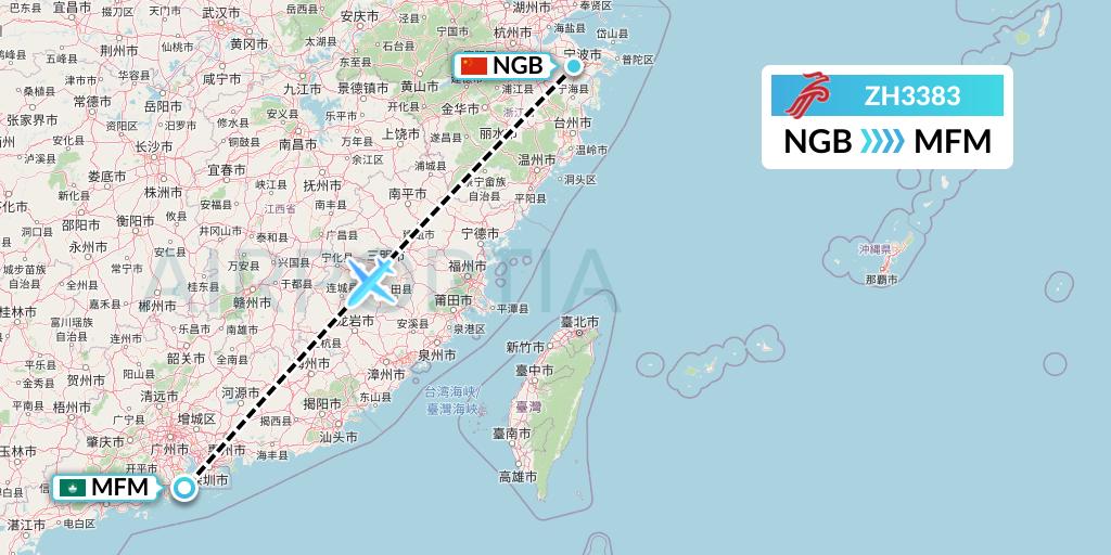 ZH3383 Shenzhen Airlines Flight Map: Ningbo to Macau