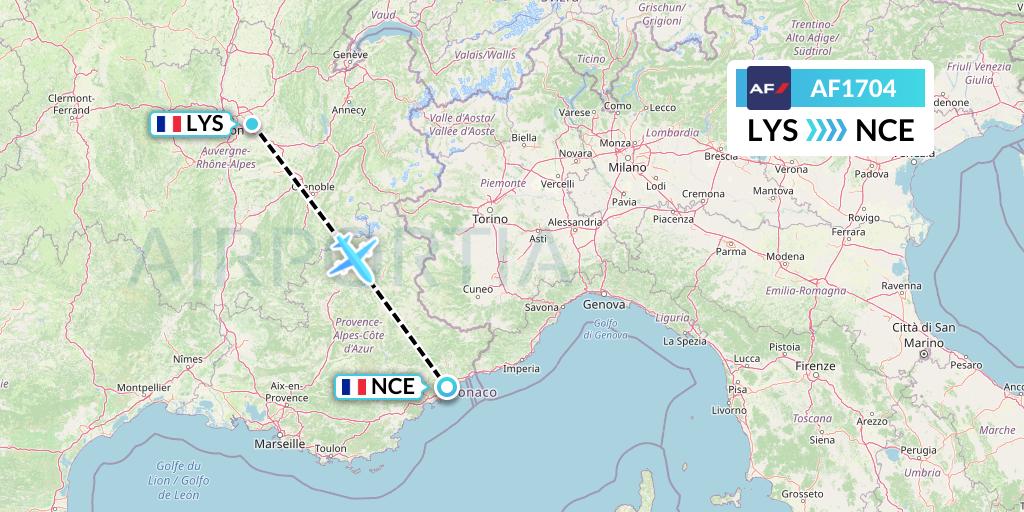 AF1704 Air France Flight Map: Lyon to Nice