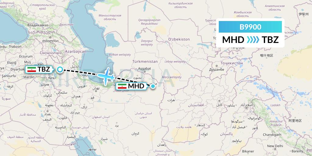 B9900 Iran Air Tours Flight Map: Mashhad to Tabriz