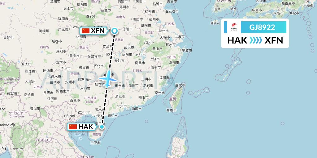 GJ8922 Loong Airlines Flight Map: Haikou to Xiangyang