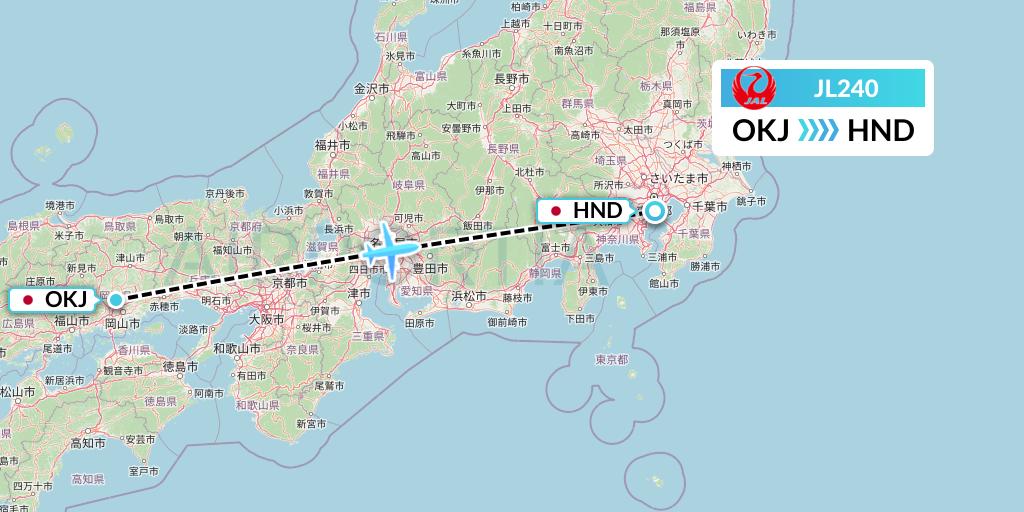 JL240 Japan Airlines Flight Map: Okayama to Tokyo