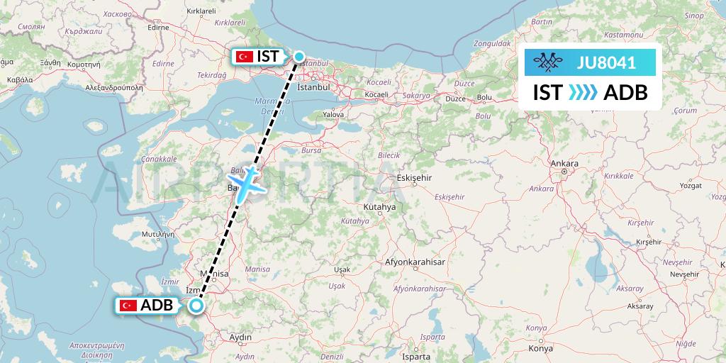 JU8041 AirSERBIA Flight Map: Istanbul to Izmir