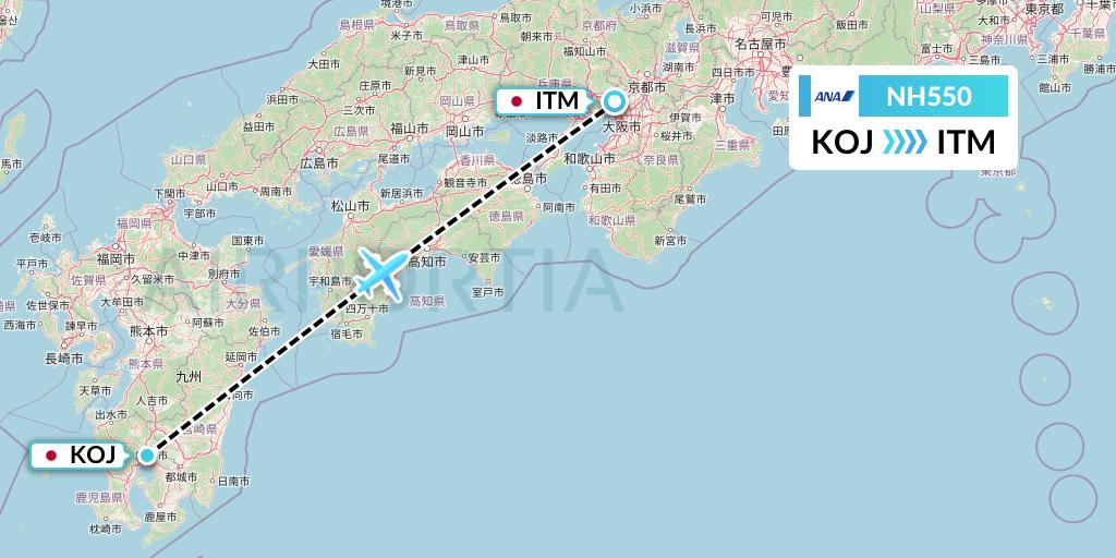 NH550 All Nippon Airways Flight Map: Kagoshima to Osaka