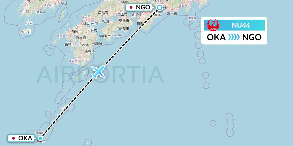 NU44 Japan Transocean Air Flight Map: Naha to Nagoya