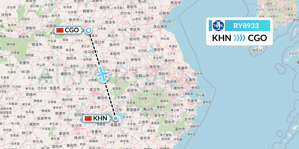 RY8933 Jiangxi Air Flight Map: Nanchang to Zhengzhou