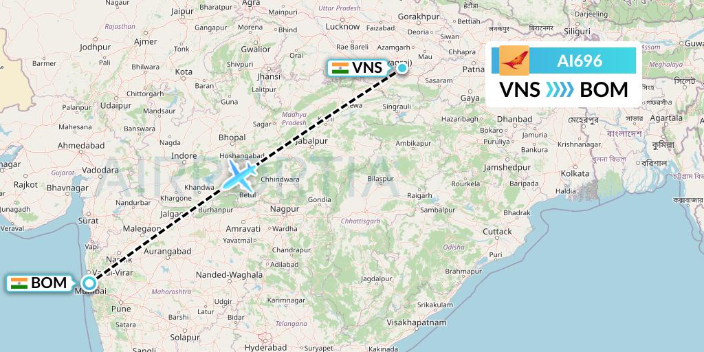 AI696 Air India Flight Map: Varanasi to Mumbai