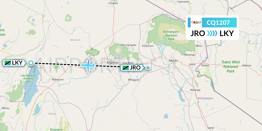 CQ1207 Coastal Aviation Flight Map: Kilimanjaro to Lake Manyara National Park