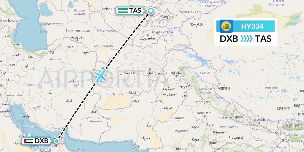 HY334 Uzbekistan Airways Flight Map: Dubai to Tashkent