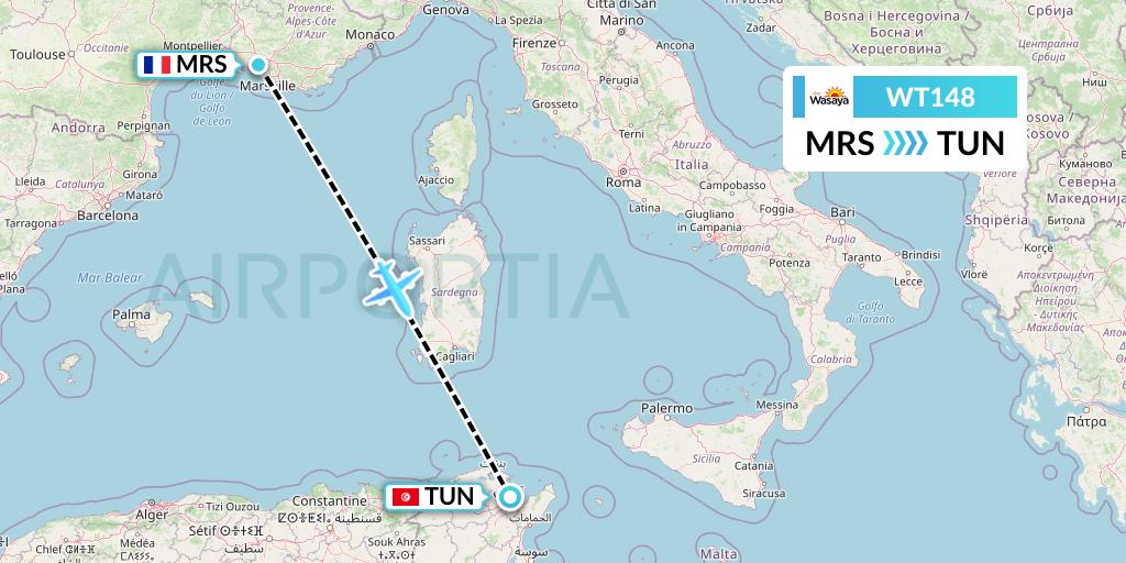 WT148 Swiftair Flight Map: Marseille to Tunis
