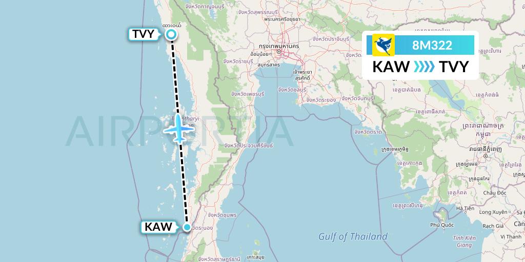 8M322 Myanmar Airways International Flight Map: Kawthaung to Dawei