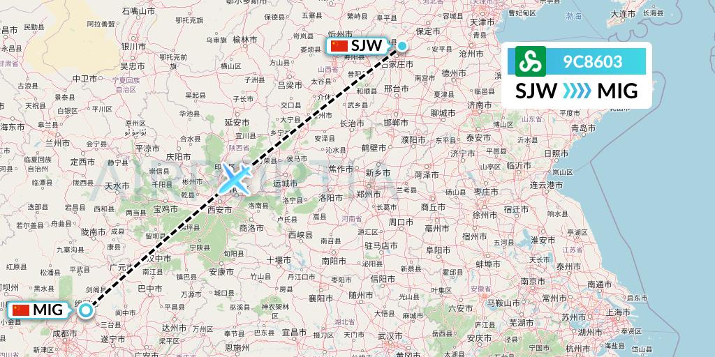 9C8603 Spring Airlines Flight Map: Shijiazhuang to Mianyang