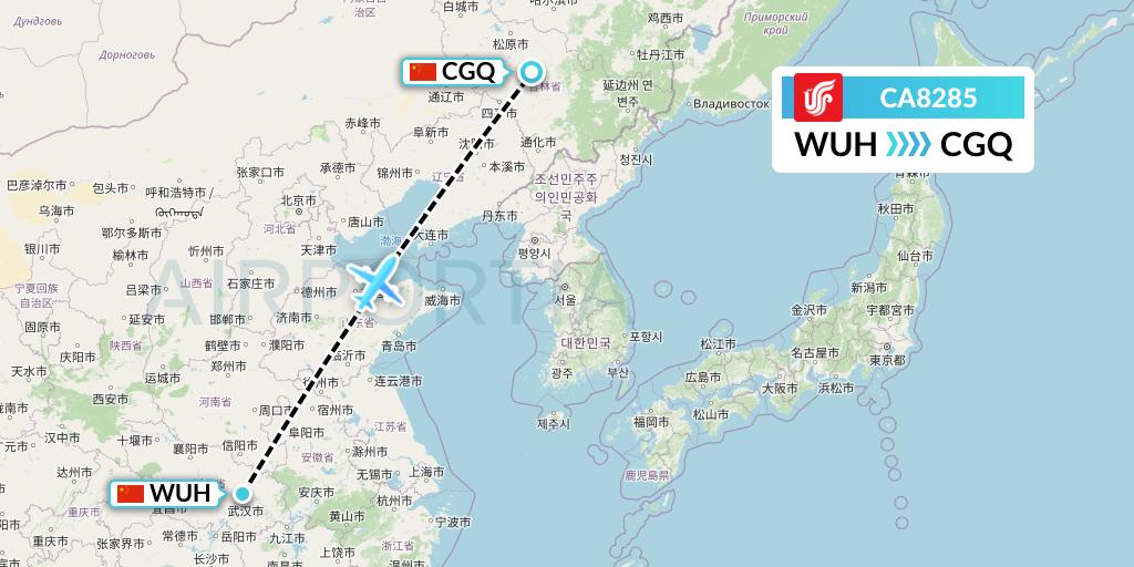 CA8285 Air China Flight Map: Wuhan to Changchun