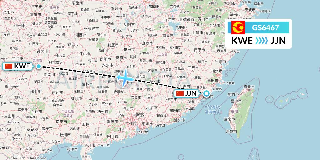 GS6467 Tianjin Airlines Flight Map: Guiyang to Jinjiang