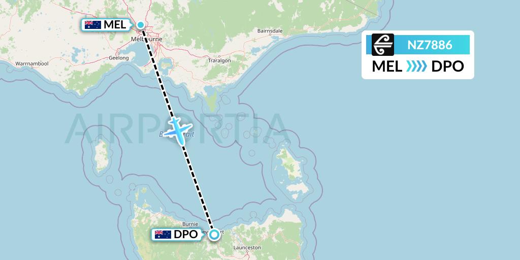 NZ7886 Air New Zealand Flight Map: Melbourne to Devonport