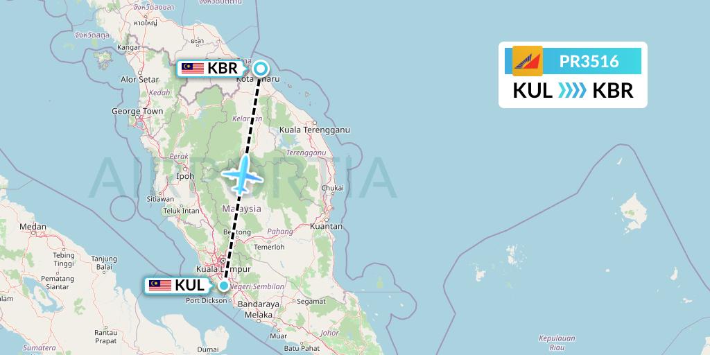 PR3516 Philippine Airlines Flight Map: Kuala Lumpur to Kota Bharu