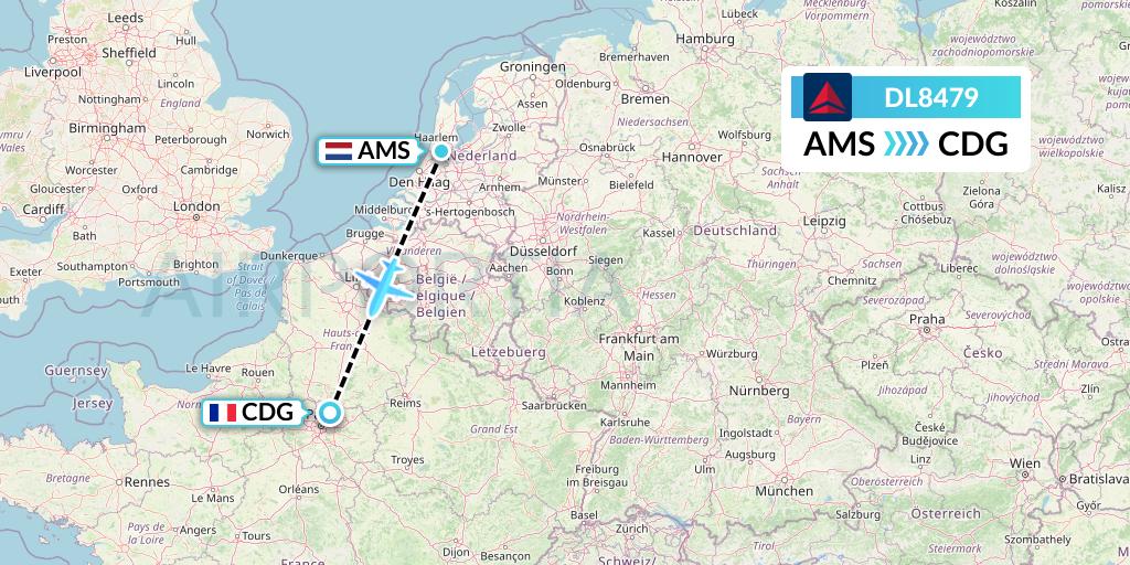 DL8479 Delta Air Lines Flight Map: Amsterdam to Paris