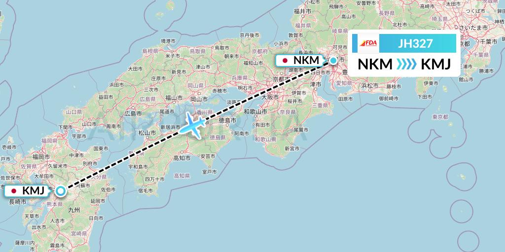 JH327 Fuji Dream Airlines Flight Map: Nagoya to Kumamoto