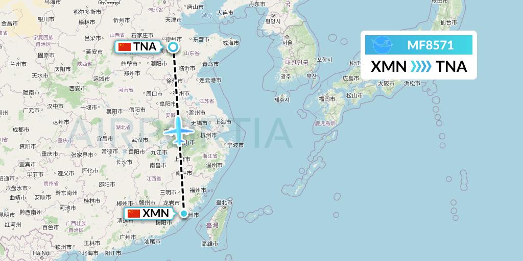 MF8571 Xiamen Airlines Flight Map: Xiamen to Jinan