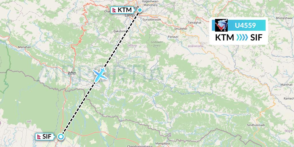 U4559 Buddha Air Flight Map: Kathmandu to Simara