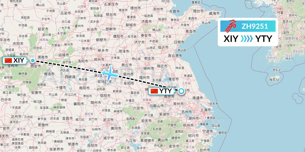 ZH9251 Shenzhen Airlines Flight Map: Xi'an to Yangzhou