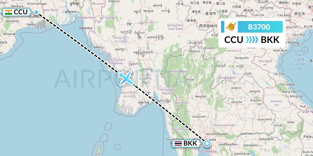 B3700 Bhutan Airlines Flight Map: Kolkata to Bangkok