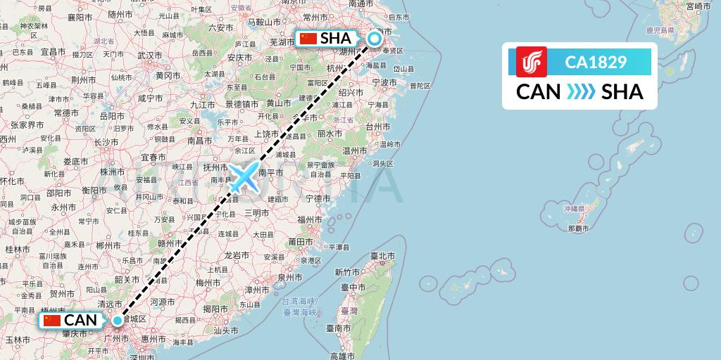 CA1829 Air China Flight Map: Guangzhou to Shanghai