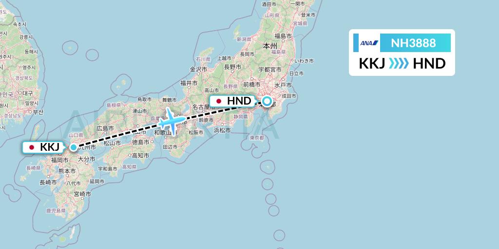 NH3888 All Nippon Airways Flight Map: Kitakyushu to Tokyo