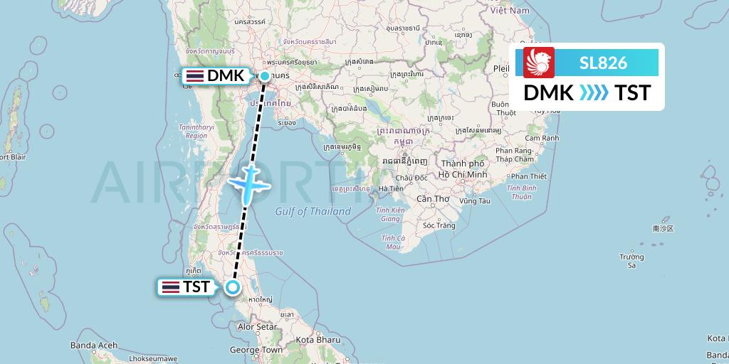 SL826 Thai Lion Air Flight Map: Bangkok to Trang
