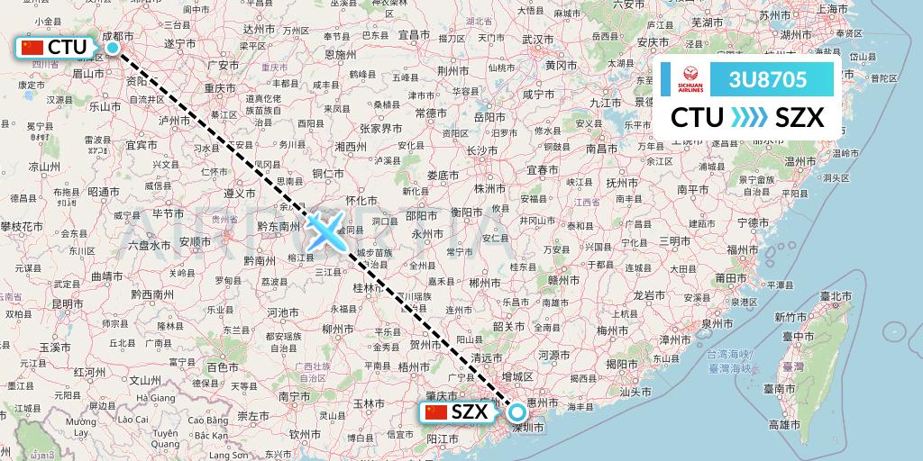 3U8705 Sichuan Airlines Flight Map: Chengdu to Shenzhen