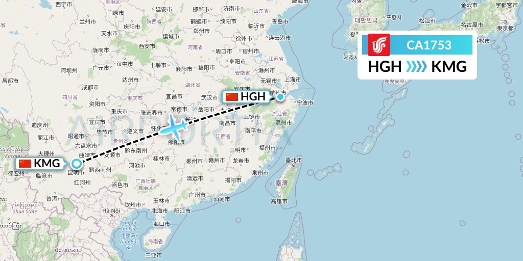 CA1753 Air China Flight Map: Hangzhou to Kunming