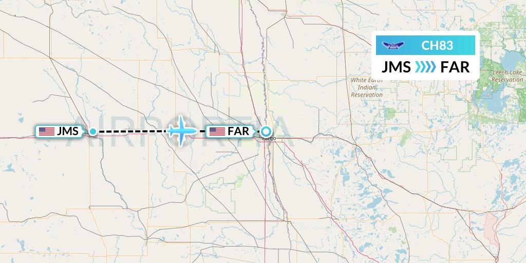 CH83 Bemidji Airlines Flight Map: Jamestown to Fargo