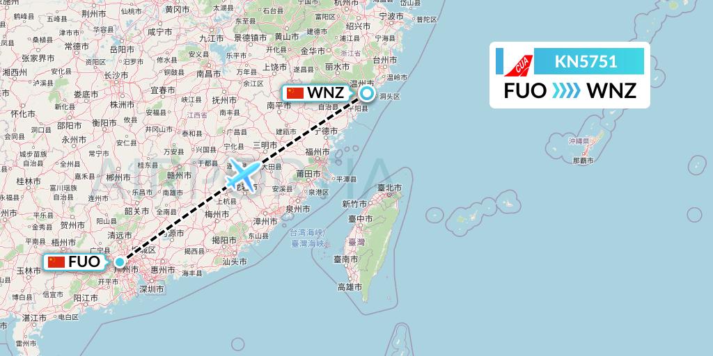 KN5751 China United Airlines Flight Map: Foshan to Wenzhou