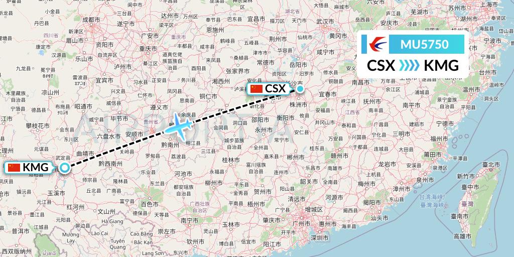 MU5750 China Eastern Airlines Flight Map: Changsha to Kunming