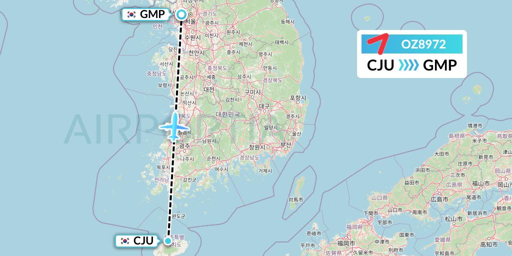 OZ8972 Asiana Airlines Flight Map: Jeju to Seoul