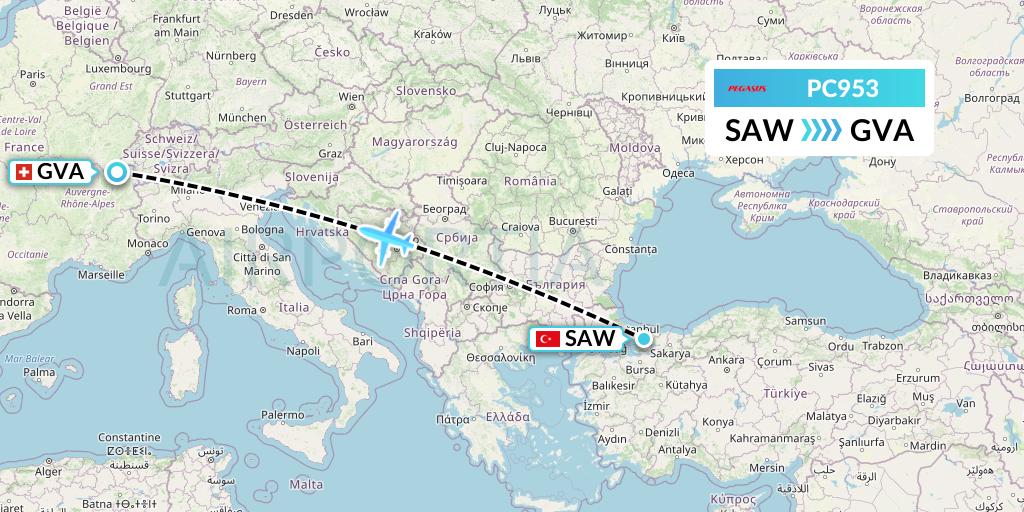 PC953 Pegasus Airlines Flight Map: Istanbul to Geneva