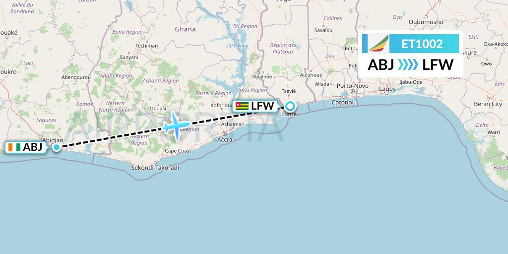 ET1002 Ethiopian Airlines Flight Map: Abidjan to Lome