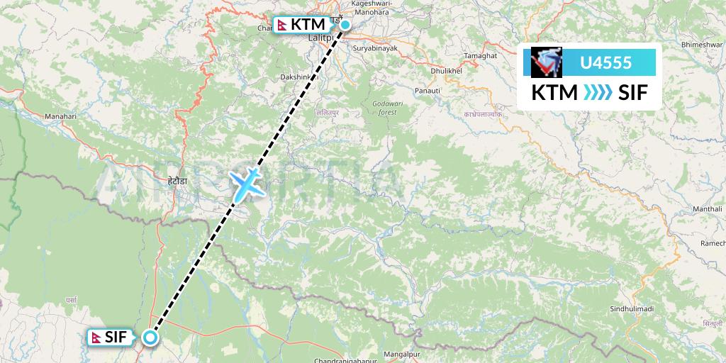U4555 Buddha Air Flight Map: Kathmandu to Simara