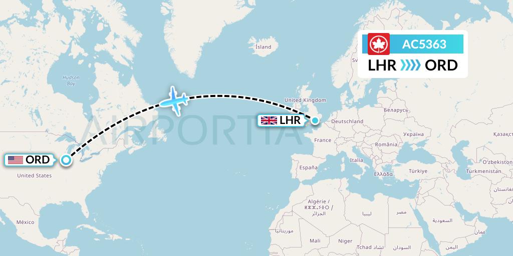AC5363 Air Canada Flight Map: London to Chicago