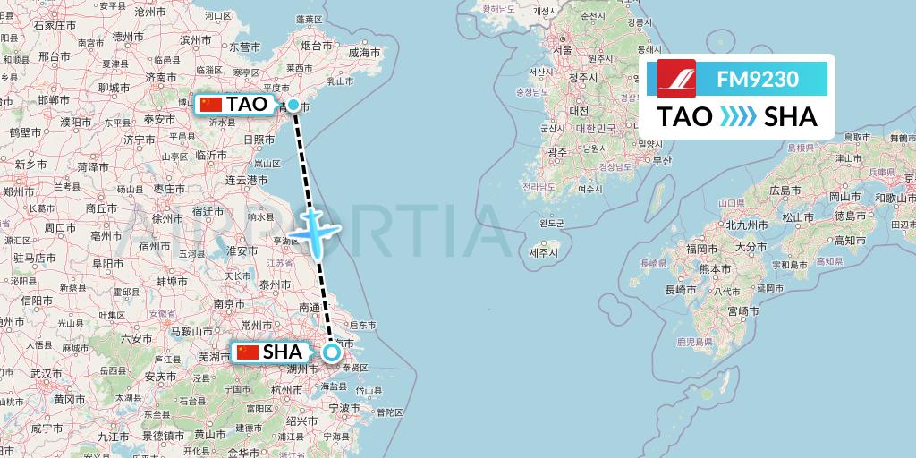 FM9230 Shanghai Airlines Flight Map: Qingdao to Shanghai