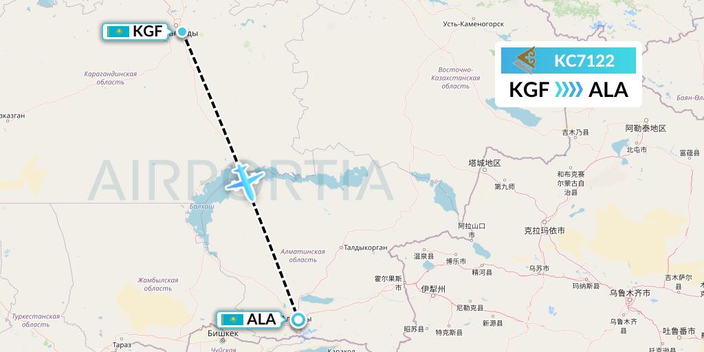 KC7122 Air Astana Flight Map: Karaganda to Almaty