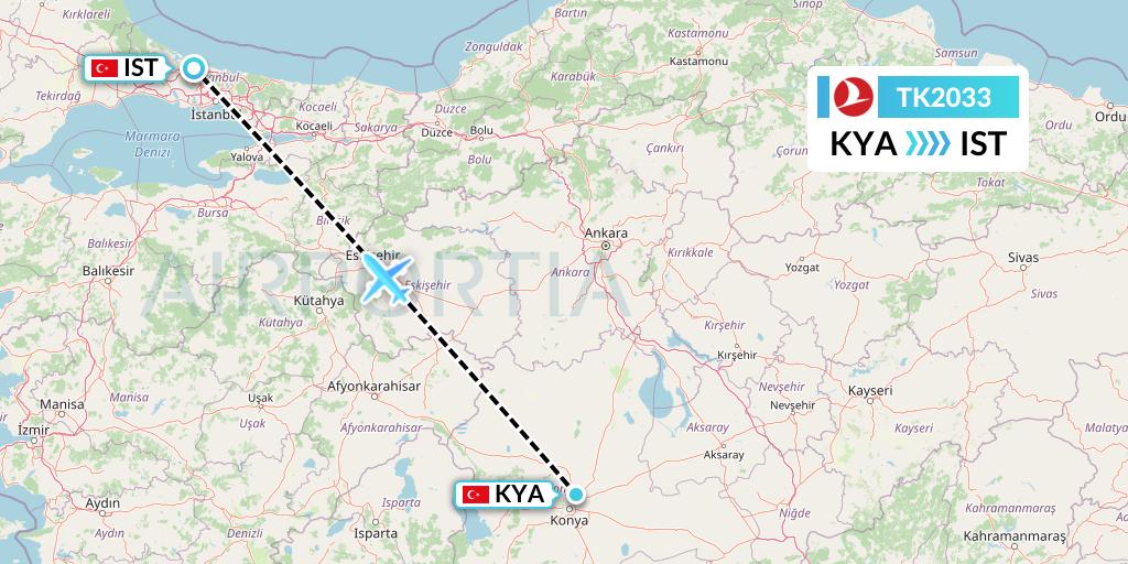 TK2033 Turkish Airlines Flight Map: Konya to Istanbul