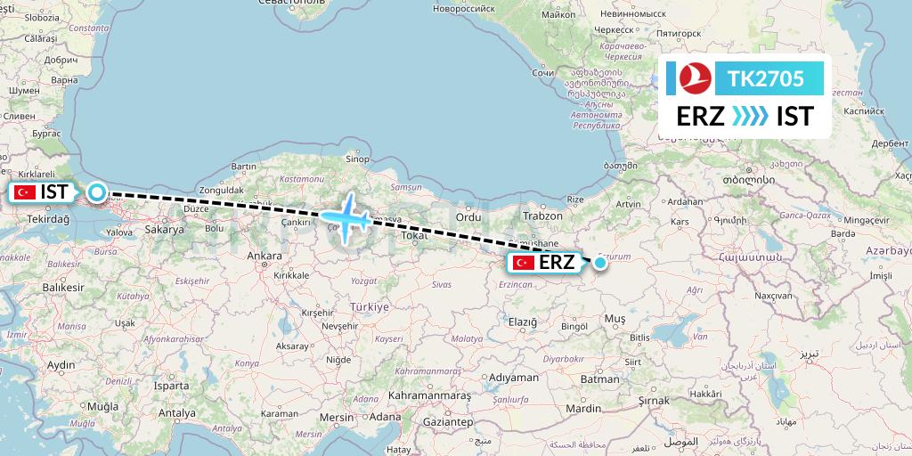 TK2705 Turkish Airlines Flight Map: Erzurum to Istanbul