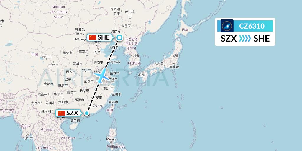 CZ6310 China Southern Airlines Flight Map: Shenzhen to Shenyang