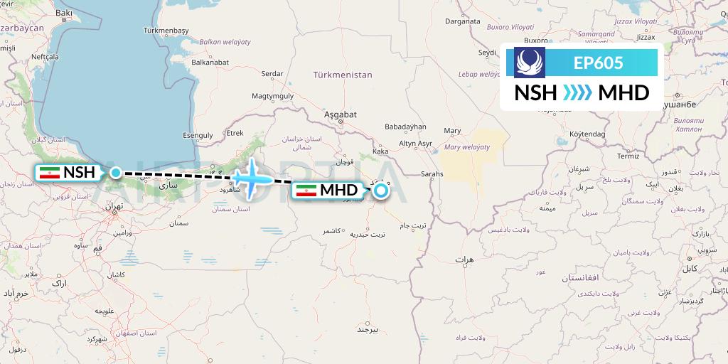 EP605 Iran Aseman Airlines Flight Map: Iran to Mashhad
