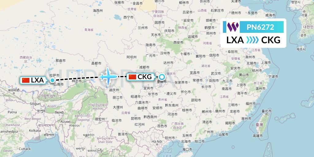 PN6272 China West Air Flight Map: Lhasa to Chongqing