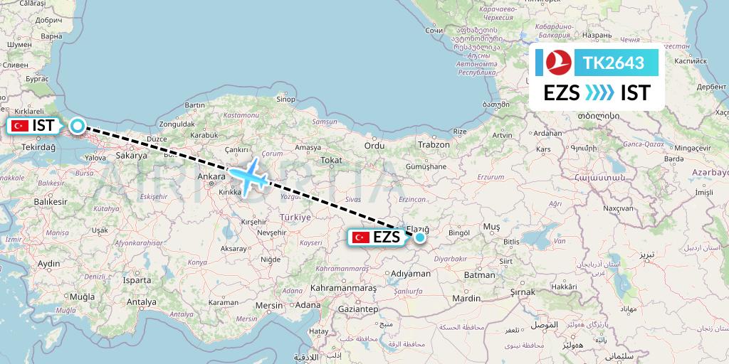 TK2643 Turkish Airlines Flight Map: Elazig to Istanbul