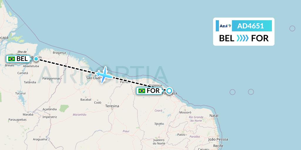 AD4651 Azul Brazilian Airlines Flight Map: Belem to Fortaleza